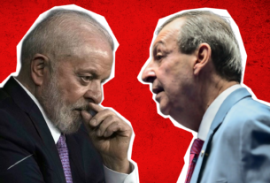 Imagem mostra o presidente Luiz Inácio Lula da Silva (à esquerda) e o senador Omar Aziz (à direita) em posições contrastantes. Lula aparece com expressão séria, enquanto Aziz gesticiona em tom de protesto.
