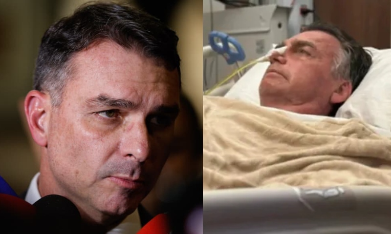 Imagem mostra Flávio Bolsonaro dando entrevista a esquerda e Ex-Presidente Jair Bolsonaro deitado em leito de Hospital a direita - Bolsonaro parou de respirar durante crise de soluços e foi internado em Brasília