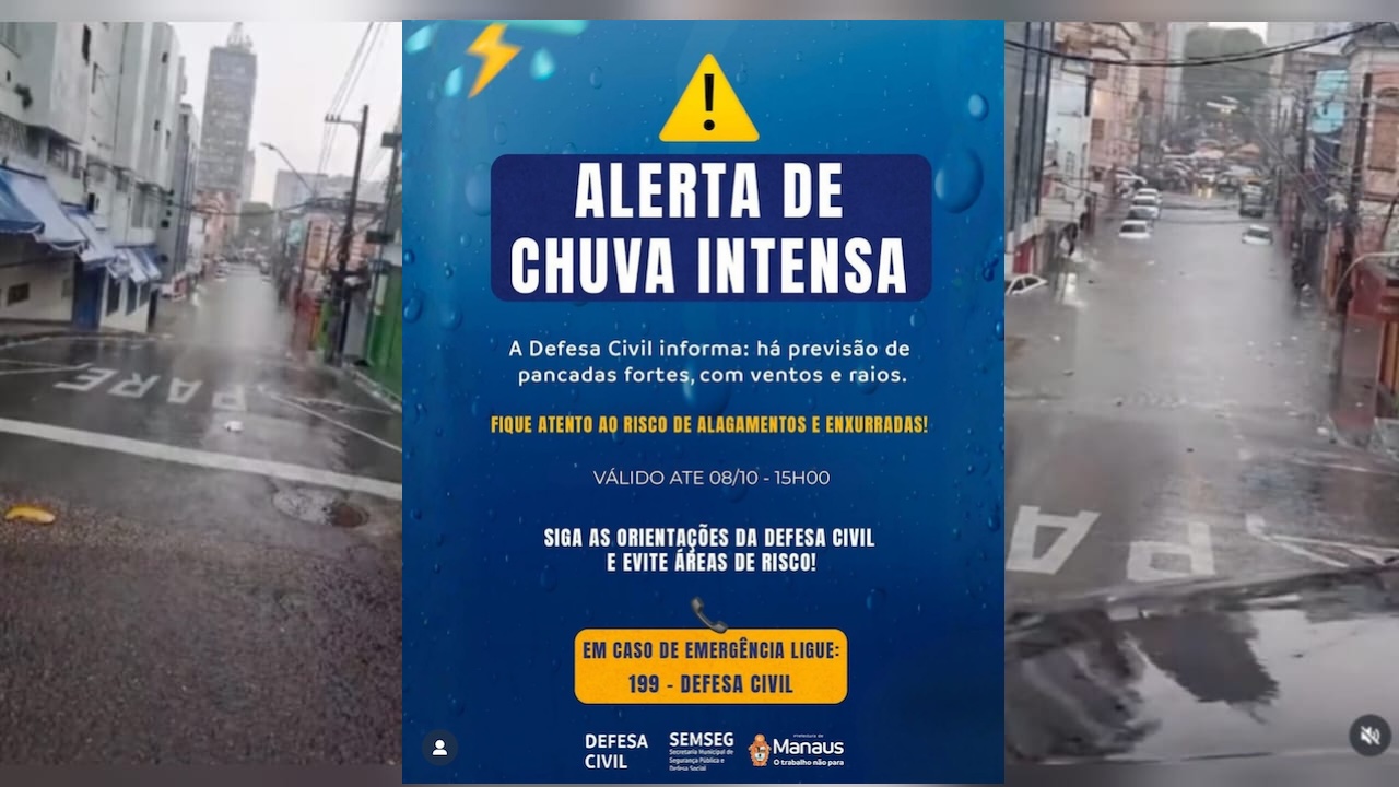 Imagem mostra alerta da Prefeitura de Manaus sobre chuvas intensas
